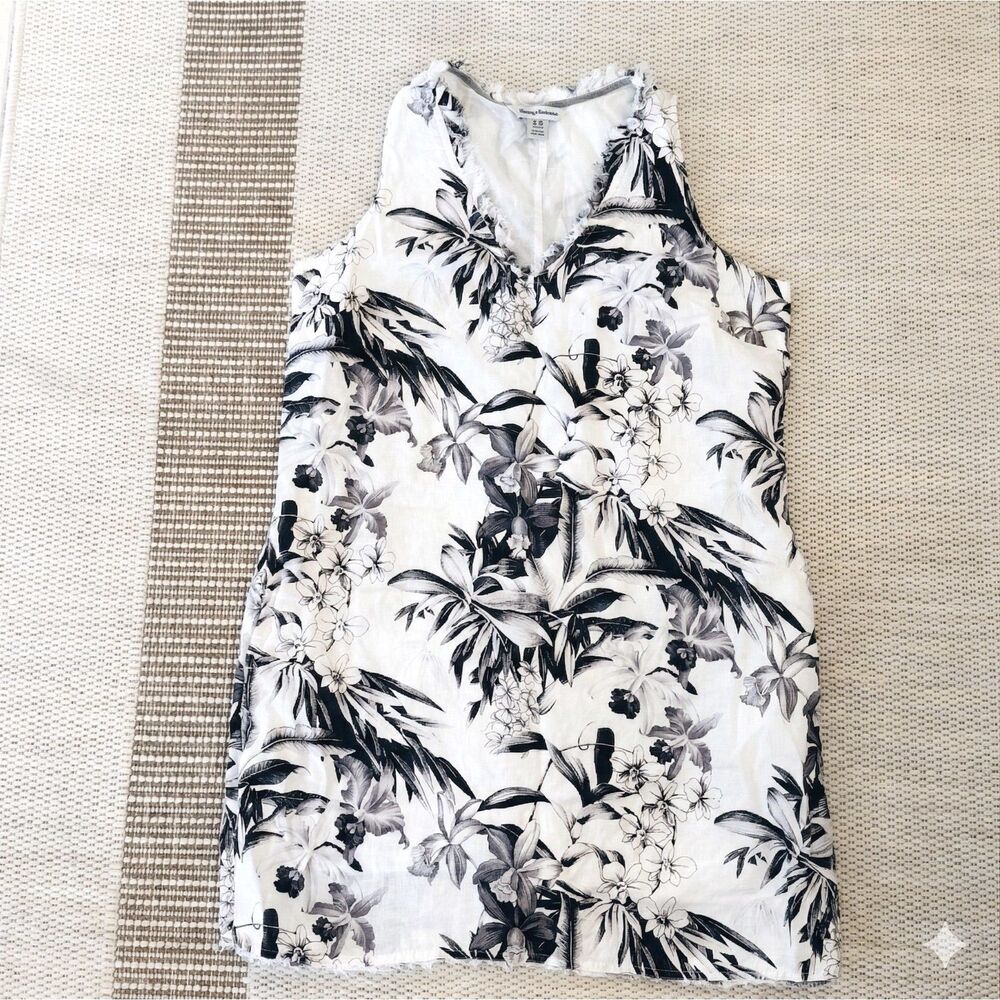 Tommy Bahama Women's Size M 100% Linen Dress White Black Tropical Frayed Trim